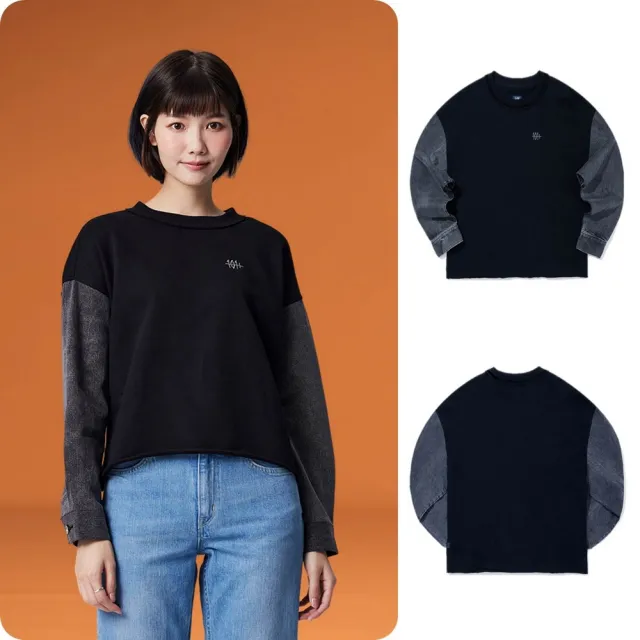 【Lee】女裝 長袖厚T / 異材質 牛仔袖拼接  氣質黑 季節性版型 / 101+系列(LB330026K11)