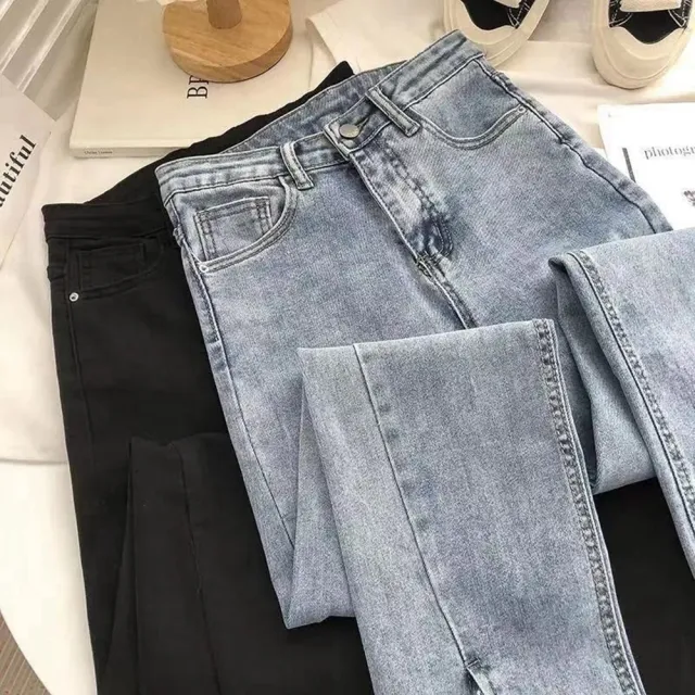 【D.studio】韓版百搭高腰彈性開叉喇叭牛仔褲(寬褲褲子長褲女裝高腰褲牛仔褲拖地褲直筒褲 黑褲 P178)