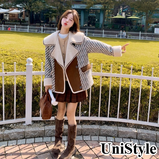 UniStyleUniStyle 毛呢長袖外套 韓版海軍領格紋拼接加厚小香風 女 ZM297-522(拼接)