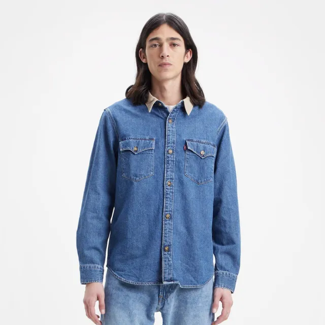 【LEVIS】男款 復古燈心絨領牛仔襯衫/寬鬆休閒版型/精工中藍染石洗/寒麻纖維 熱賣單品 A1919-0006