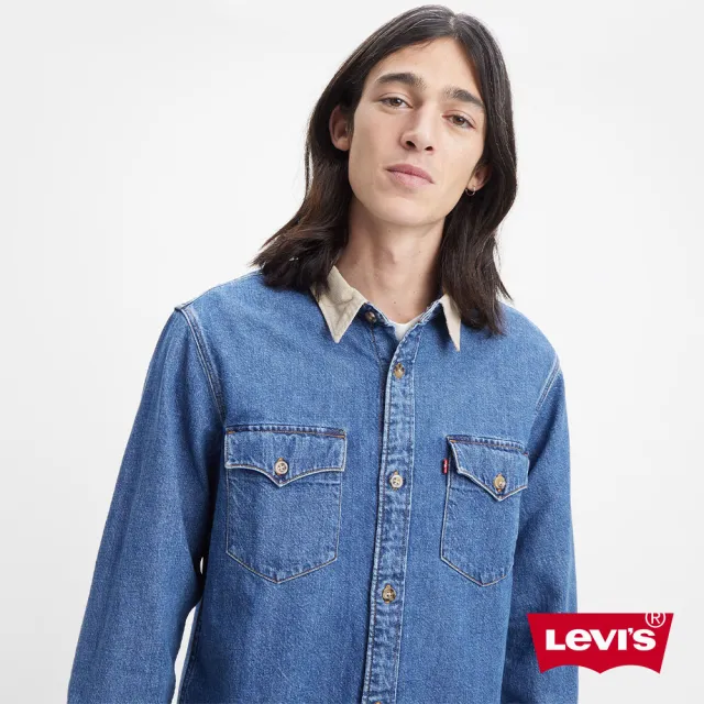 【LEVIS】男款 復古燈心絨領牛仔襯衫/寬鬆休閒版型/精工中藍染石洗/寒麻纖維 熱賣單品 A1919-0006