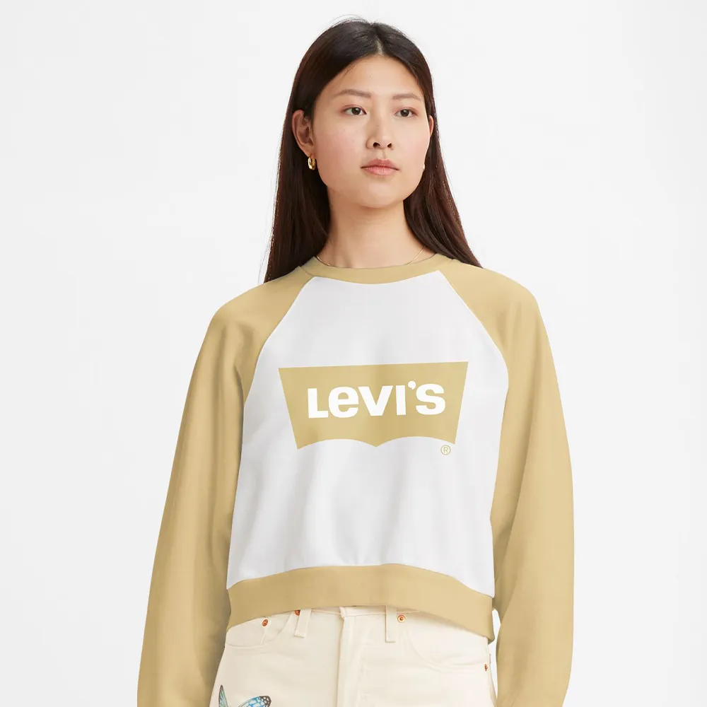 【LEVIS 官方旗艦】女款 復古學院風短版重磅大學T 奶油黃 熱賣單品 18722-0076