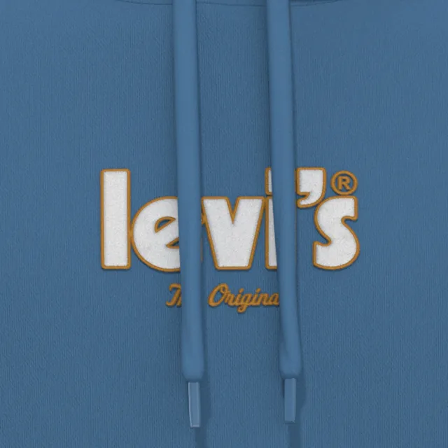 【LEVIS】男 寬鬆版重磅口袋帽T/精工刺繡徽章海報體Logo/400GSM厚棉 海洋藍 熱賣單品 38479-0158