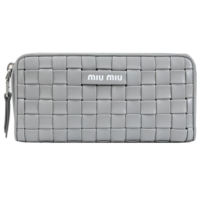 MIU MIUMIU MIU 金屬LOGO編織造型皮革拉鍊發財零錢長夾(淺灰)