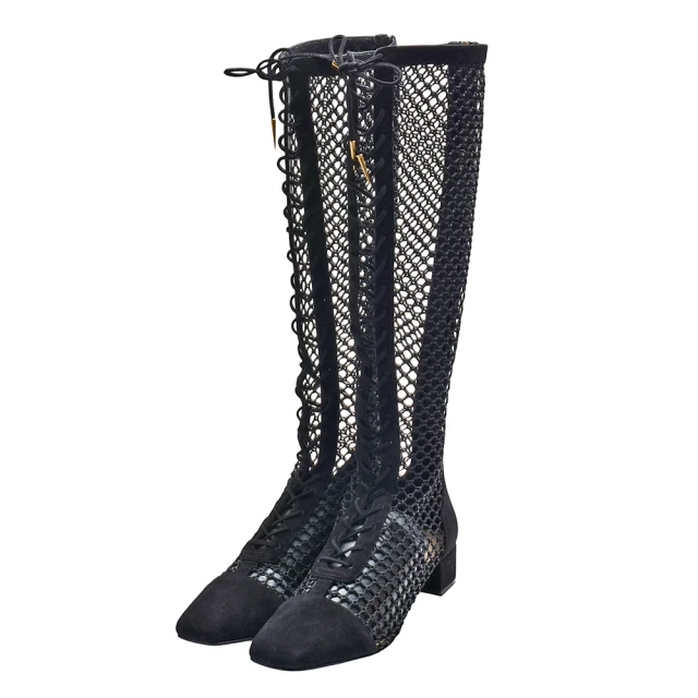 Dior 迪奧 綁帶簍空網面拉鍊低跟長靴(黑色KDI493S
