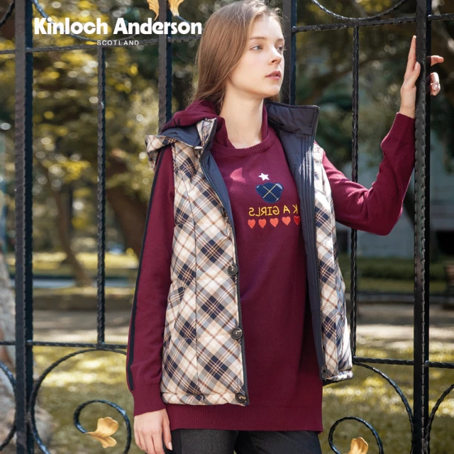 Kinloch Anderson 連帽小熊格紋配飾針織長版上衣 金安德森女裝(KA0869010 藏青/棗紅)