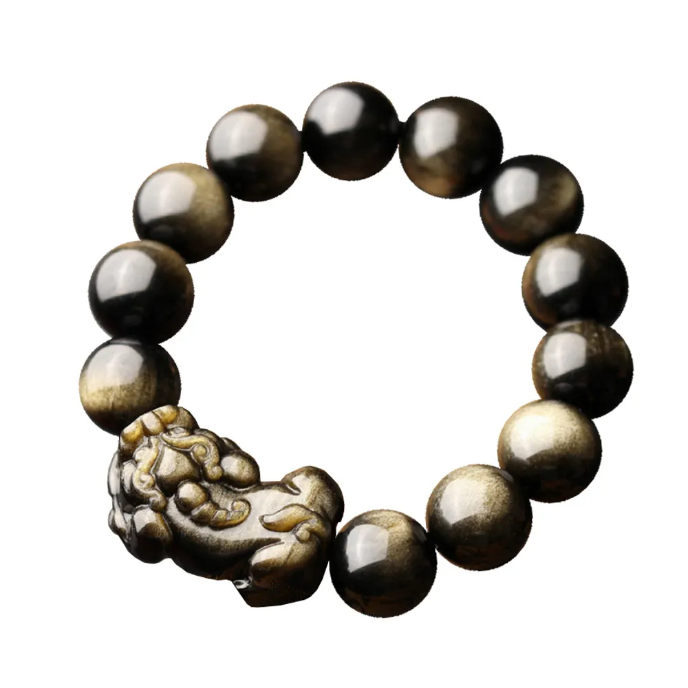 【財神小舖】金曜石貔貅開運手鍊14mm 搶錢(已開光 招財 高雄進寶財神廟 保平安 黑曜石)