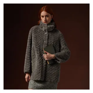 【EPISODE】寬鬆保暖菱格紋立領翻領羊毛外套E35C03（灰）