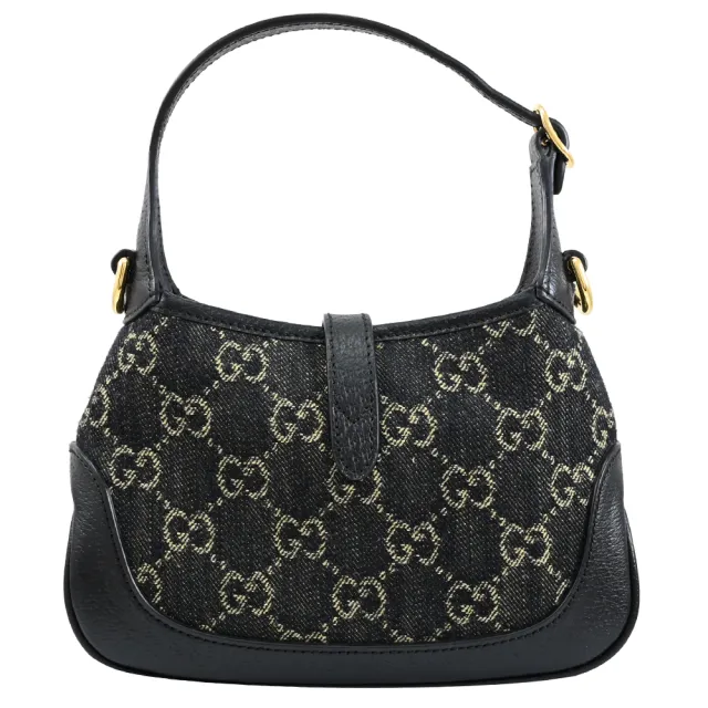 【GUCCI 古馳】Jackie 1961 經典雙G丹寧緹花馬銜釦雙背帶迷你手提包賈姬包兩用包(黑)