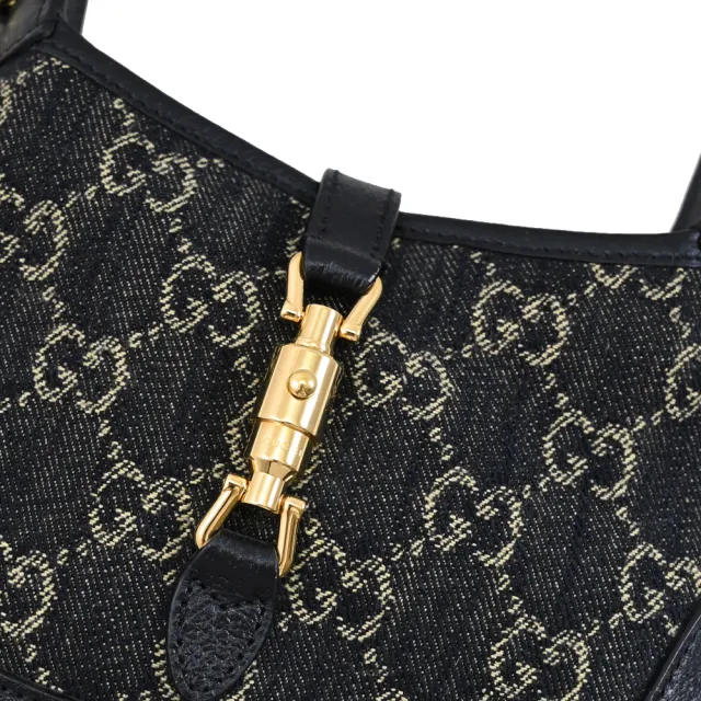 【GUCCI 古馳】Jackie 1961 經典雙G丹寧緹花馬銜釦雙背帶迷你手提包賈姬包兩用包(黑)