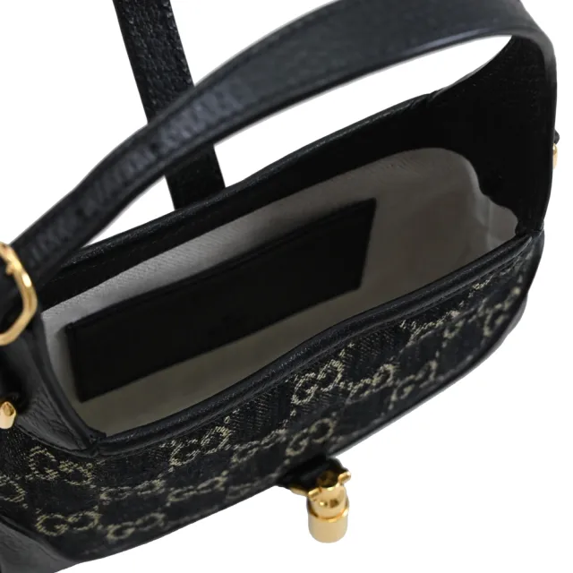 【GUCCI 古馳】Jackie 1961 經典雙G丹寧緹花馬銜釦雙背帶迷你手提包賈姬包兩用包(黑)