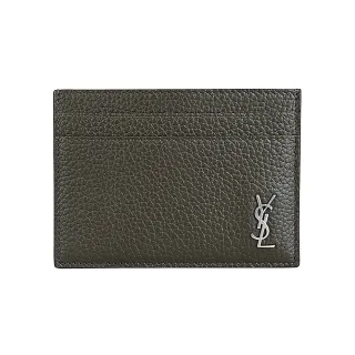 【YSL】YSL Tiny Cassandre仿舊電鍍銀LOGO小牛皮4卡開口式卡夾(男款/深卡其綠)