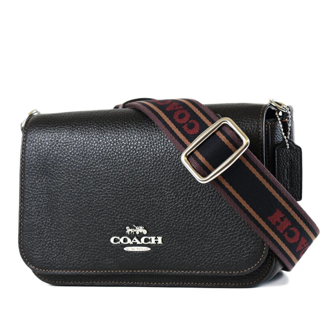 COACH 經典LOGO花卉皮革壓花翻蓋淑女包斜背包(深咖)