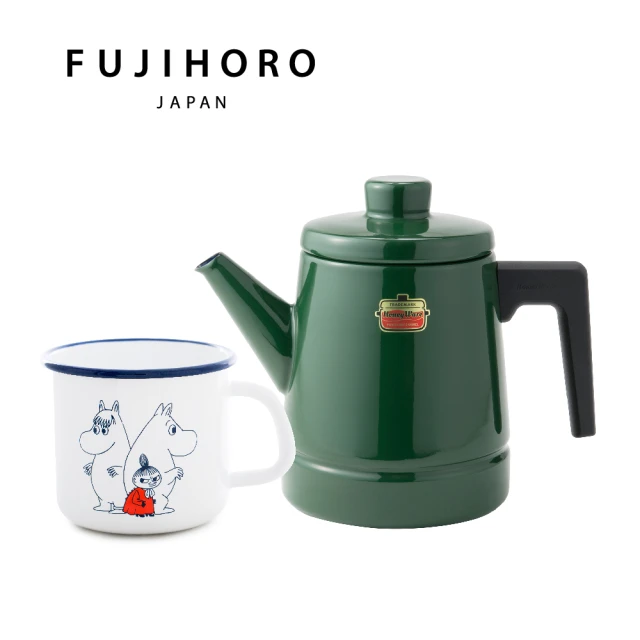 FUJIHORO 富士琺瑯 Solid系列-琺瑯咖啡壺1.6L+嚕嚕米琺瑯馬克杯550ml(琺瑯壺+琺瑯杯)