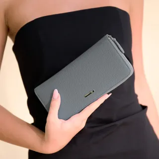 【2R 手工真皮】亞斯牛皮Grey素雅拉鍊長夾 霧莫藍(皮夾)