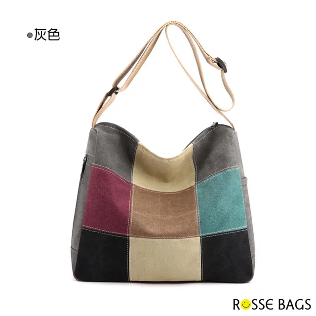 【Rosse Bags】簡約拼接帆布大容量肩背包(現+預  灰色 / 咖啡色)