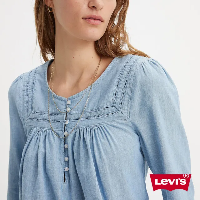 【LEVIS 官方旗艦】女款 半開襟圓領襯衫 / 寬鬆抓皺設計 人氣新品 A7617-0001