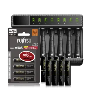 【FUJITSU 富士通】低自放電900mAh4號8入+智慧型八槽USB電池充電器+送電池盒(充電電池組)
