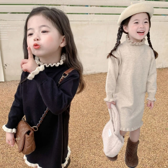安朵童舖 現貨韓版女童加絨拼接長袖連身裙兒童印花保暖衛衣加厚