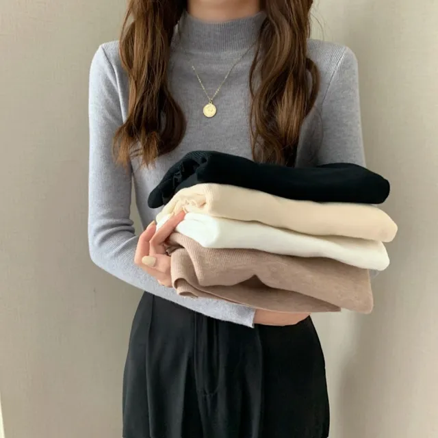 【D.studio】韓版溫柔風半高領彈性顯瘦針織上衣(毛衣長袖上衣女裝衣服顯瘦上衣長袖t恤冬裝 發熱衣 W145)