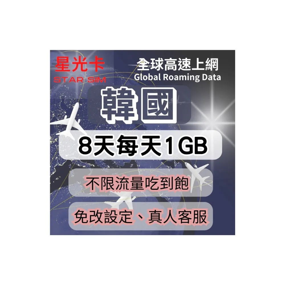 【星光卡  STAR SIM】韓國上網卡8天每天高速1GB後降速128k不限量(三合一卡 即插即用免設定)