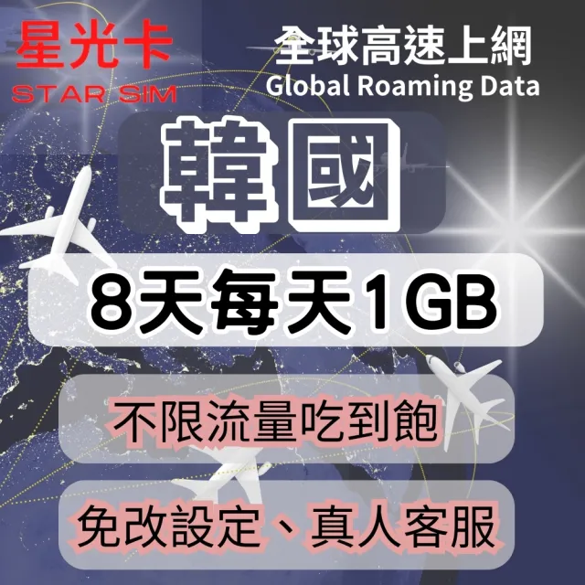 【Star SIM 星光卡】韓國上網卡8天每天高速1GB後降速128k不限量(三合一卡 即插即用免設定)