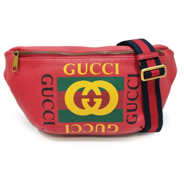 【GUCCI 古馳】經典GUCCI PRINT系列復古綠紅綠織帶牛皮腰包/斜背兩用包(多色可選)