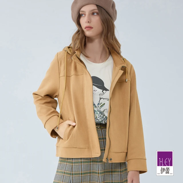 ILEY 伊蕾 立領夾克麂皮磨毛活動帽外套(咖色；M-XL；1234164012)