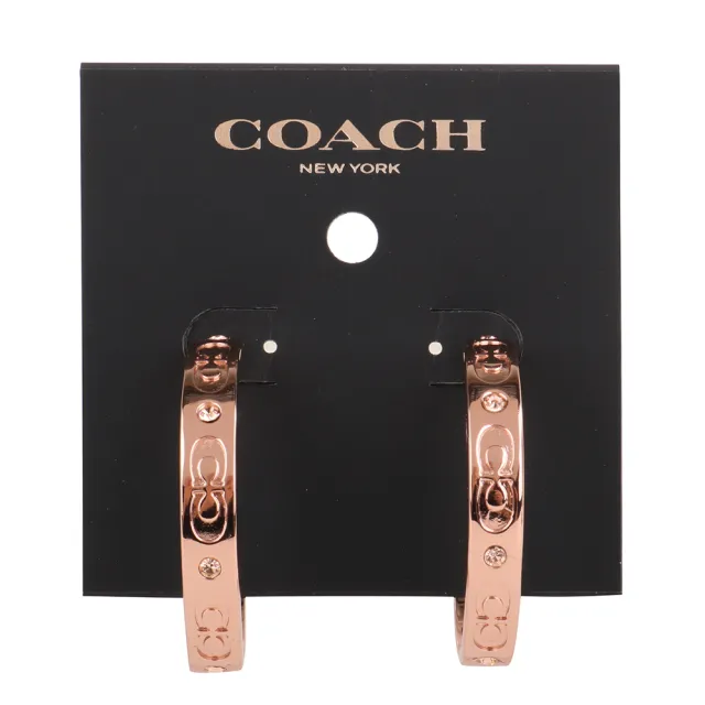 【COACH】雙C LOGO標誌水鑽大圈圈穿針式耳環一對(玫瑰金)