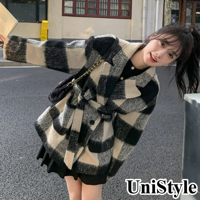 UniStyle 毛呢長袖外套 韓版格紋加厚短版大衣夾克 女 ZM099-C67(黑白格)