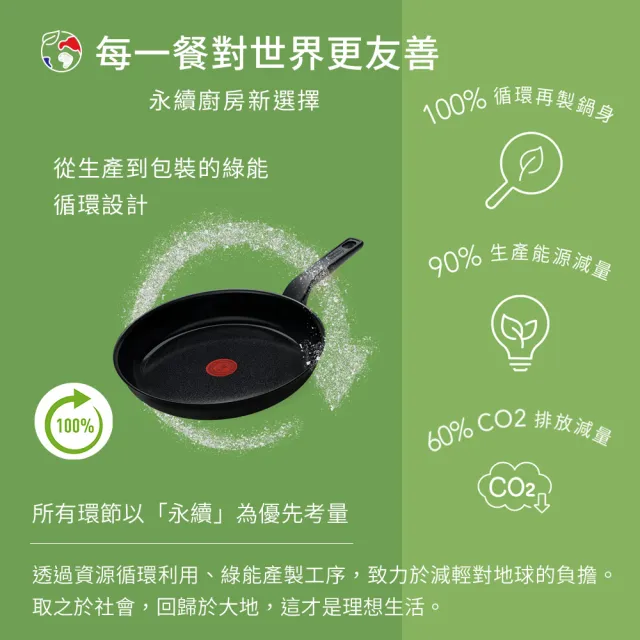 【Tefal 特福】綠生活陶瓷不沾系列28CM平底鍋-曜石黑+玻璃蓋(適用電磁爐)
