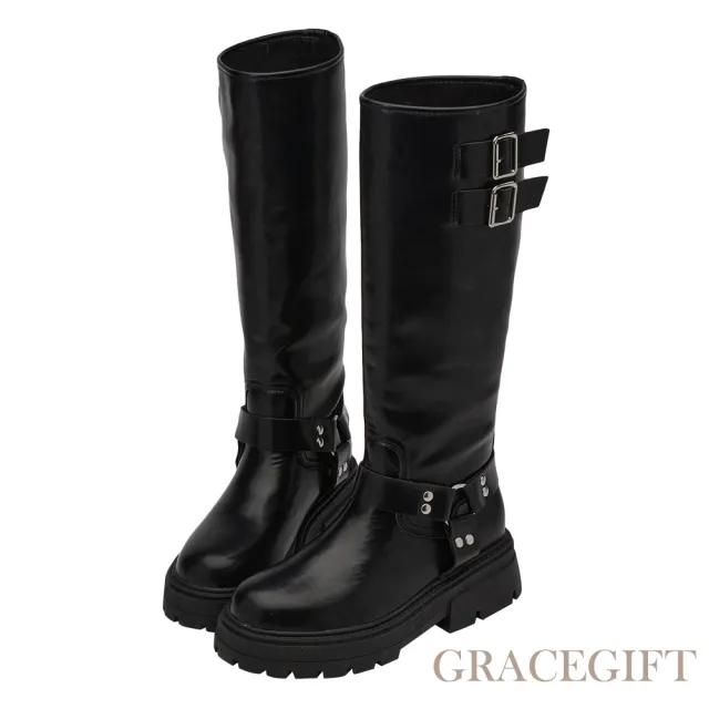 【Grace Gift】時髦金屬釦環厚底長靴