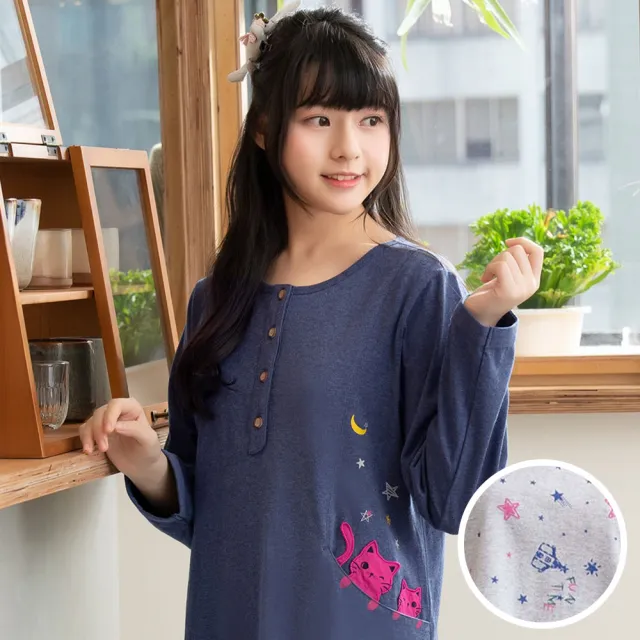 【Wacoal 華歌爾】睡衣-仕女系列 M-LL星空薄針織可愛貓咪半開襟長袖洋裝  LWZ35313GY(銀河灰)