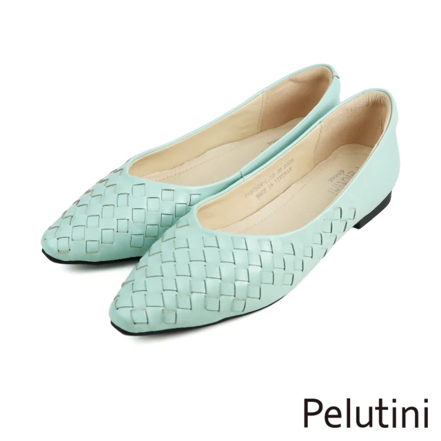 Pelutini 尖頭菱格紋編織造型低跟鞋 湖水綠(8758