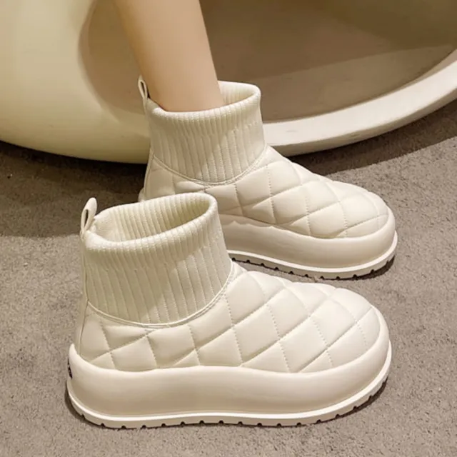 【baibeauty 白鳥麗子】日系溫柔針織襪套菱格紋厚底短靴(雪靴)