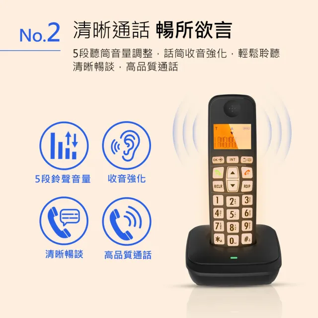 【TCSTAR】1.8G雙制式DECT大字體大按鍵雙機無線電話(TCT-PH802BK)