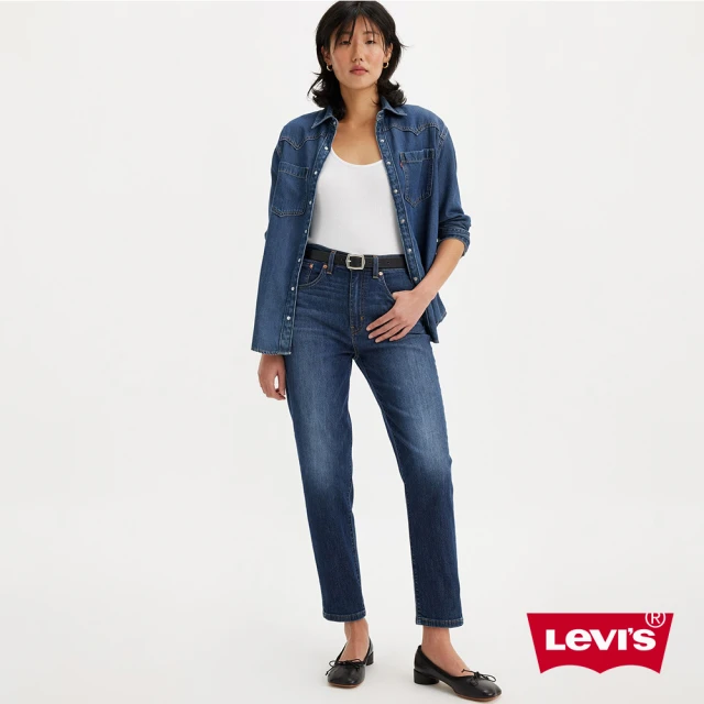 【LEVIS 官方旗艦】女 高腰修身窄管涼感牛仔長褲/深藍水洗刷白/及踝款/彈性布料 人氣新品 85873-0130