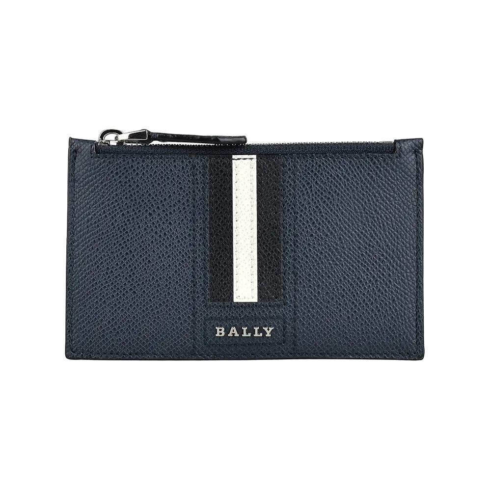 【BALLY】BALLY Tenley立體銀字LOGO防刮牛皮黑白條紋4卡拉鍊零錢卡夾(新藍x黑白)