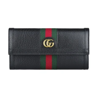【GUCCI 古馳】GUCCI Ophidia雙G LOGO條紋織帶設計牛皮12卡扣式長夾(黑)