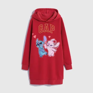 【GAP】女童裝 Gap x 史迪奇聯名 Logo印花刷毛連帽長袖洋裝-紅色(847160)