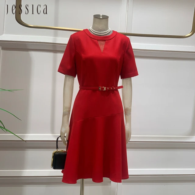 JESSICAJESSICA 氣質優雅收腰寬裙擺短袖洋裝235702（紅）