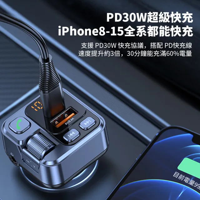 【YOLU】智能數顯車載MP3藍牙接收器/發射器 PD30W車充 藍牙FM播放器 免持通話 AUX音頻適配器