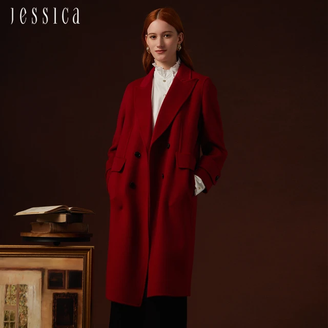 JESSICA 氣質修身保暖顯瘦翻領羊毛大衣外套J35C01（紅）