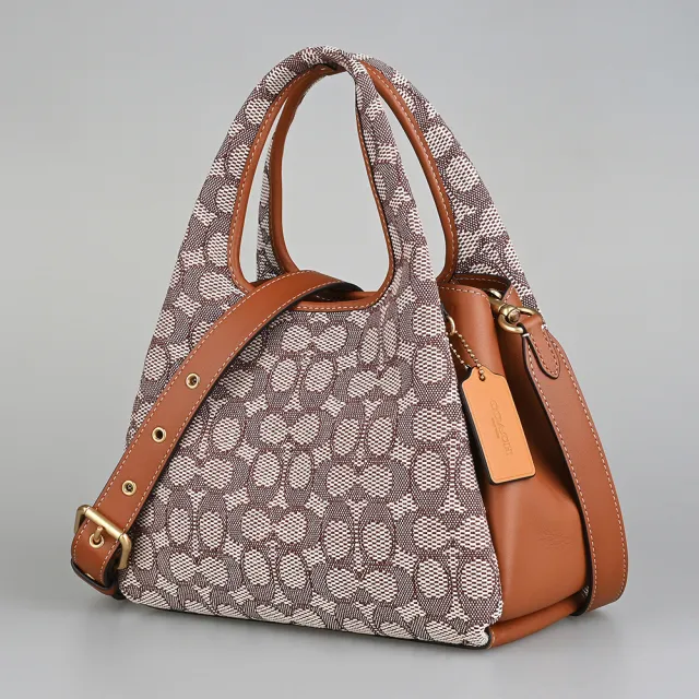 【COACH】COACH Lana 23經典雙C字LOGO緹花帆布拼接牛皮開口式手提/斜背菜籃子包(棕x琥珀)