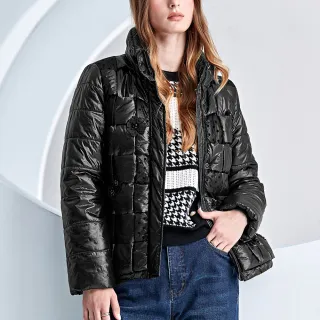 【ILEY 伊蕾】編織方格網紗花朵鋪棉外套(黑色；M-XL；1234314212)