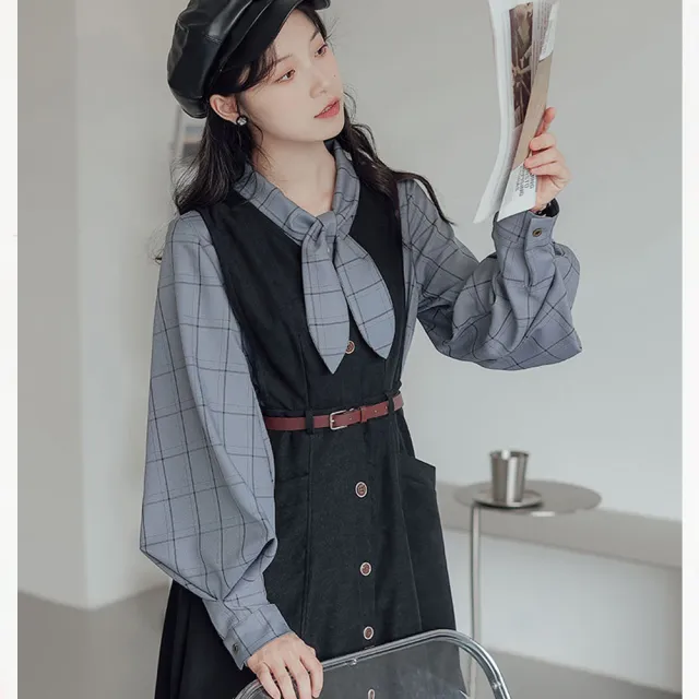【NVDO】出清品   文藝單排扣大口袋連衣裙-兩色可選(M-XL/吊帶洋裝附腰帶/F099/售完不補)