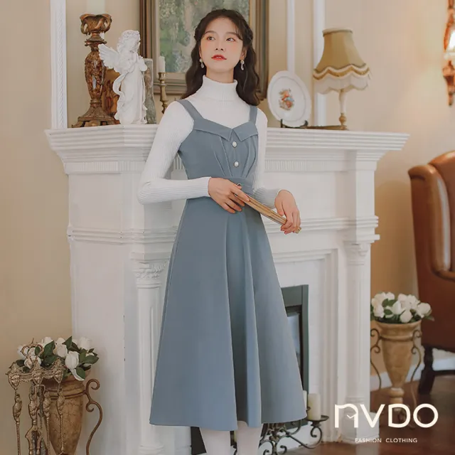 【NVDO】出清品   法式復古抓皺閃耀腰墜飾連衣裙-兩色可選(M-L/吊帶洋裝/F101/售完不補)