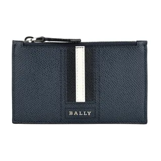 【BALLY】BALLY TENLEY經典銀字LOGO條紋防刮牛皮4卡拉鍊卡夾(深藍x黑白黑條紋)
