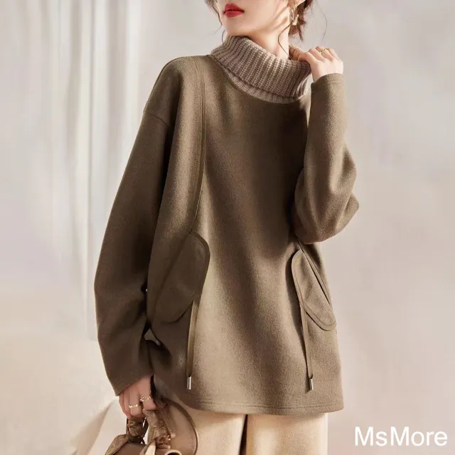 【MsMore】灰綠毛呢子高領加厚米蘭寬鬆設計感減齡顯瘦中長上衣#120544(綠)