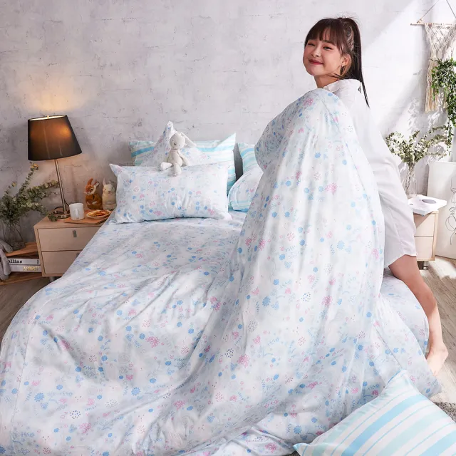 【戀家小舖】60支100%精梳棉枕套被套床包四件組-加大(花間小兔藍)